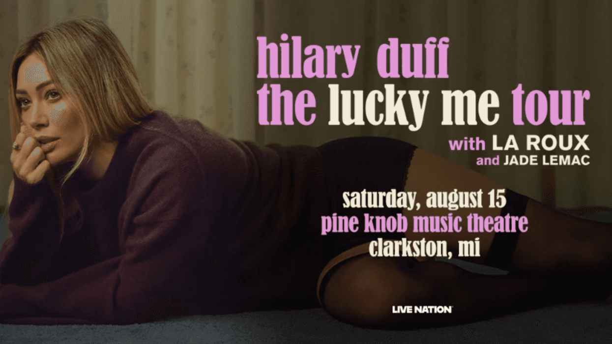 Hilary Duff 'The Lucky Me Tour' concert poster. Duff lies down. Details: August 15, Clarkston, MI.