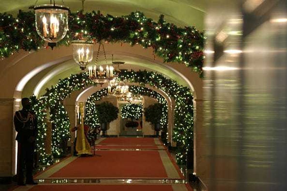 Holiday decorations are seen at the Center Hall of the White House
