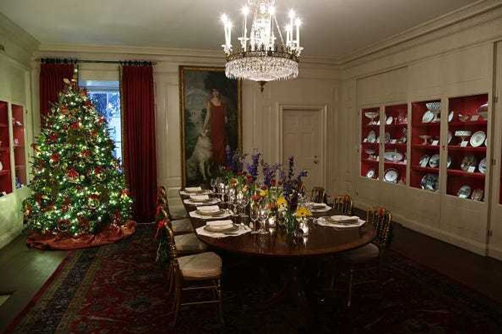 Holiday decorations are seen in the China Room of the White House.
