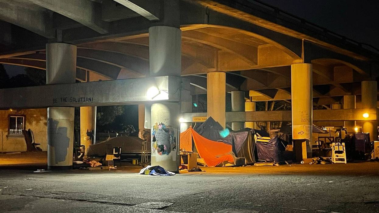 Homeless encampment under Highway 101 in San Rafael.