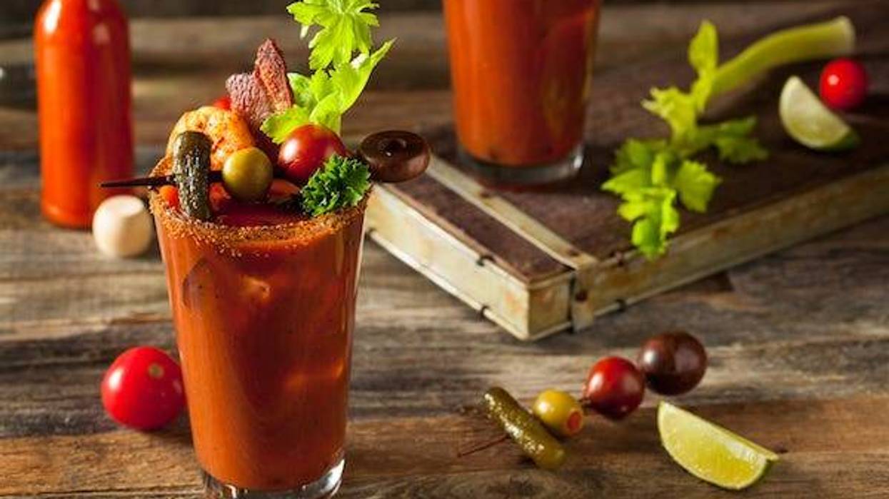 Homemade Bacon Spicy Vodka Bloody Mary with Tomatos, Olive and Celery