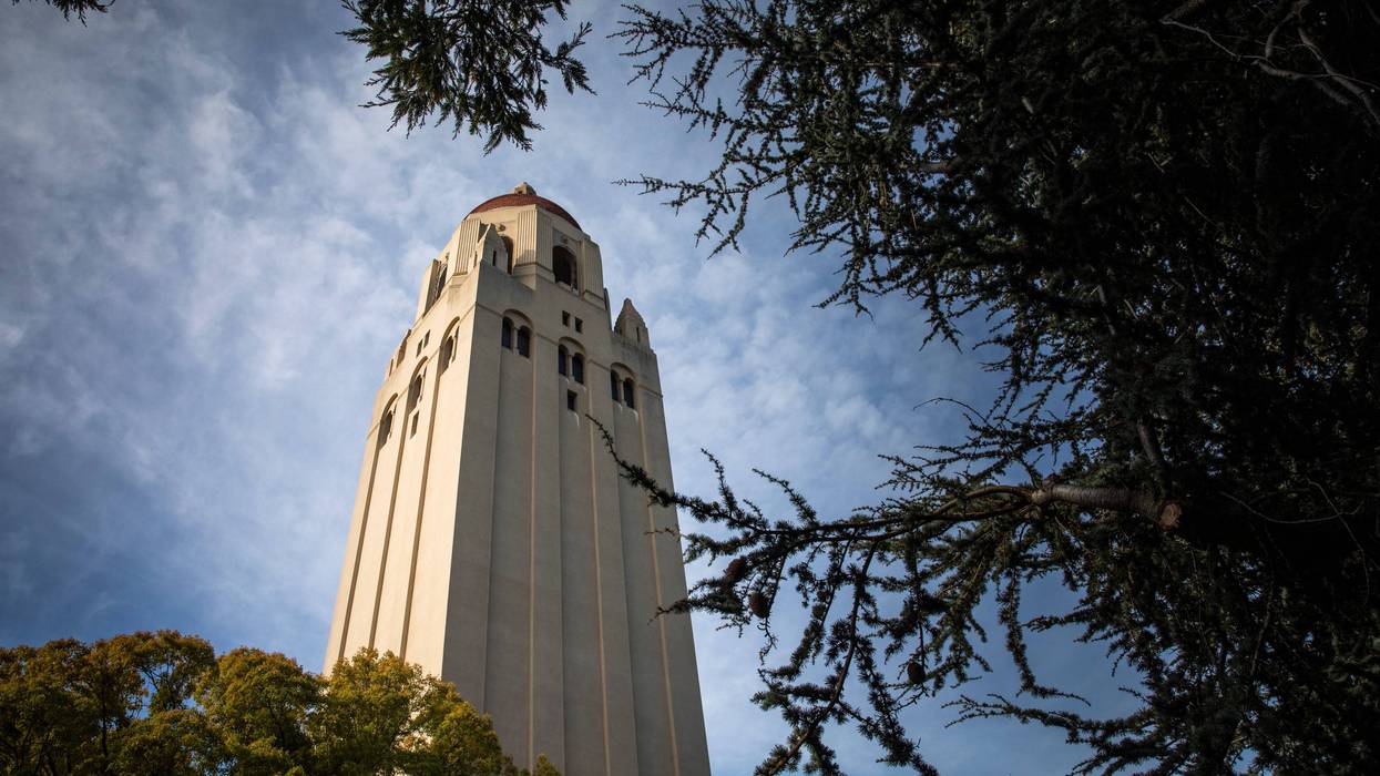 Hoover Tower looms during a quiet morning at Stanford University on March 9, 2020 in Stanford, California.