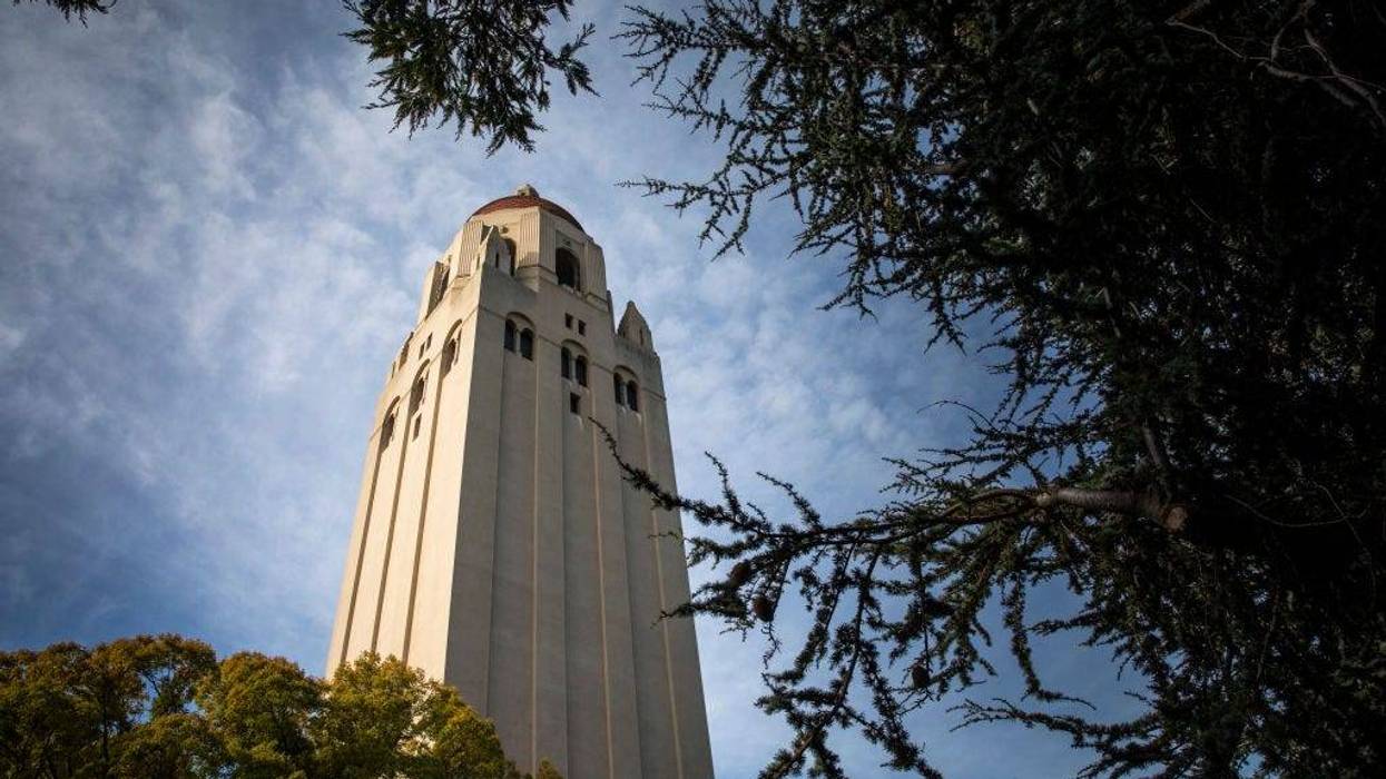 Hoover Tower looms during a quiet morning at Stanford University on March 9, 2020 in Stanford, California.