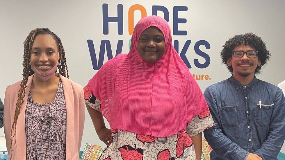 Hopeworks workers and interns, from left: Sierra Williams, Hawa Lari and C.J. Pagan.