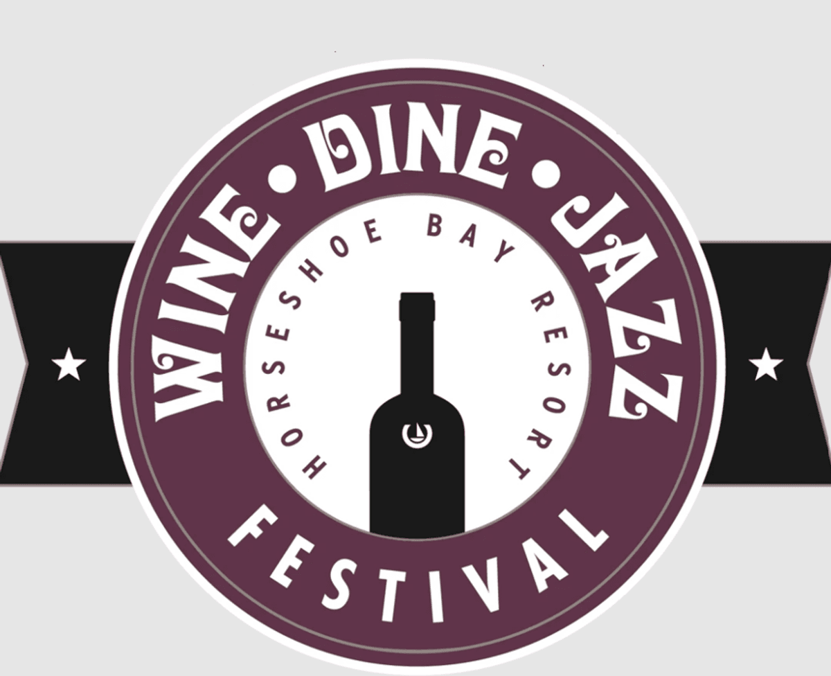 Horseshoe Bay Resort Wine Dine Jazz Festival logo with a central wine bottle icon.