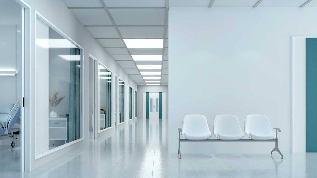 Hospital waiting room next to rooms.