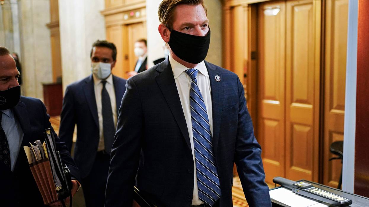 House Impeachment Manager Rep. Eric Swalwell (D-CA) departs after the day's proceedings in the impeachment trial of former President Donald Trump at the U.S. Capitol on February 10, 2021 in Washington, DC.
