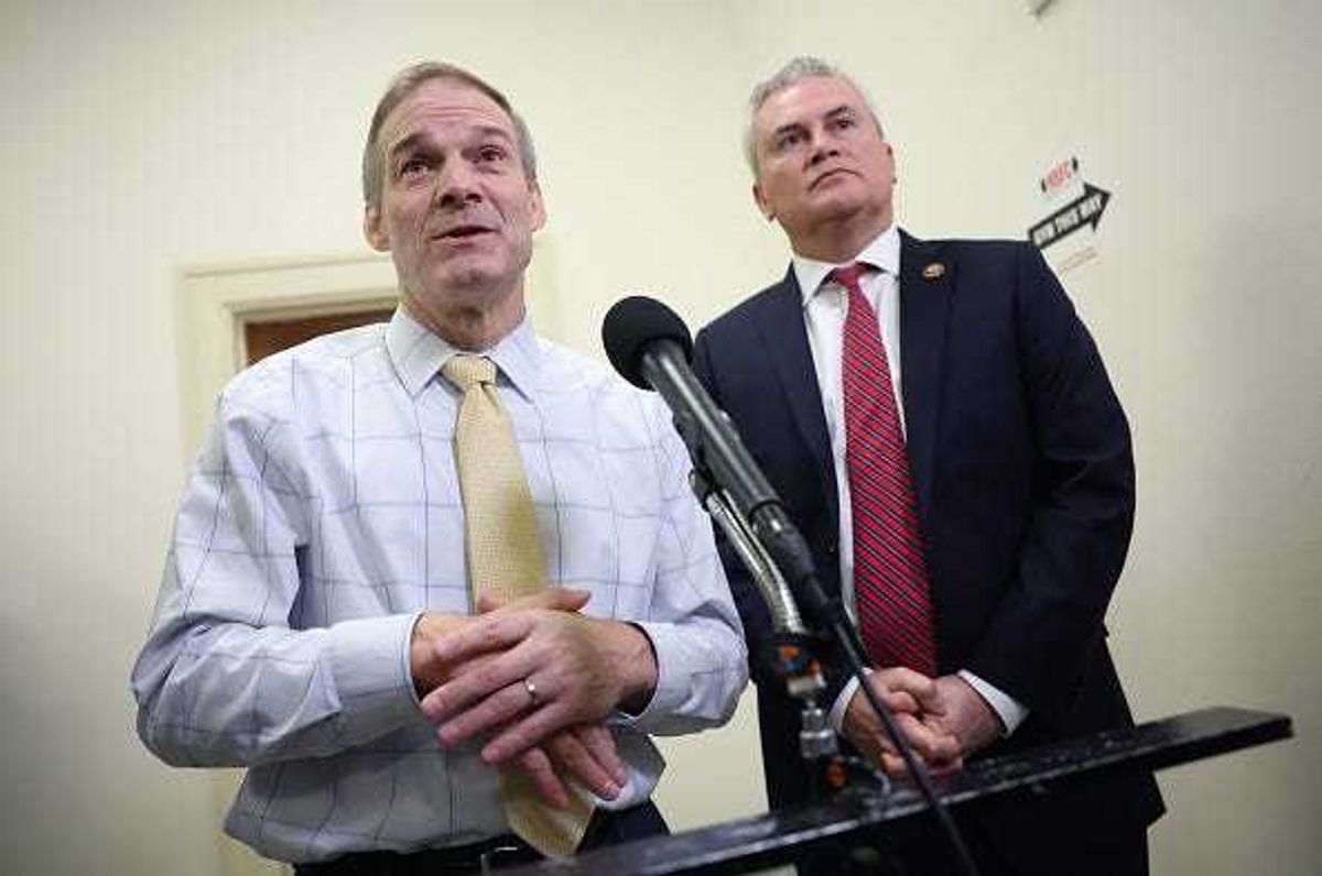 House Judiciary Committee Chairman Jim Jordan (R-OH) (L) and House Oversight and Accountability Committee Chairman James Comer (R-KY) speaks to the media in the Rayburn House Office Building on December 13, 2023 in Washington, DC.