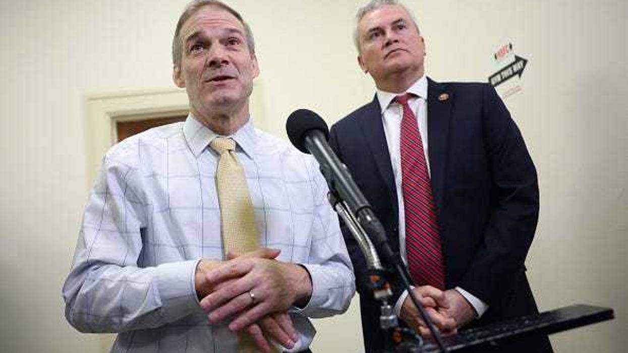 House Judiciary Committee Chairman Jim Jordan (R-OH) (L) and House Oversight and Accountability Committee Chairman James Comer (R-KY) speaks to the media in the Rayburn House Office Building on December 13, 2023 in Washington, DC.