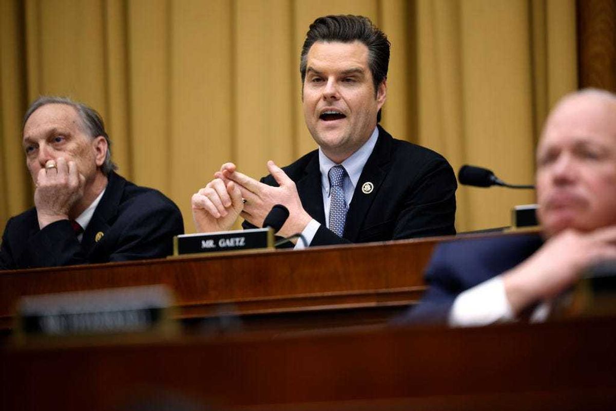 House Judiciary Committee member Rep. Matt Gaetz (R-FL) questions former Special Counsel Robert Hur with Rep. Andy Biggs (R-AZ) (L) during a hearing in the Rayburn House Office Building on Capitol Hill on March 12, 2024 in Washington, DC.