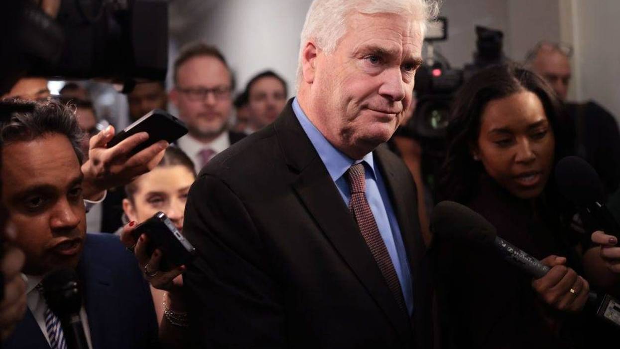 House Lawmakers Work Towards Electing New Speaker On Capitol Hill WASHINGTON, DC - OCTOBER 23: U.S. House Majority Whip Tom Emmer (R-MN) speaks to reporters as he leaves a House Republican candidates forum where congressmen who are running for Speaker of the House presented their platforms in the Longworth House Office Building on Capitol Hill on October 23, 2023 in Washington, DC. Members of the GOP conference will hear from the eight candidates who hope to succeed former Speaker of the House Kevin McCarthy (R-CA), who was ousted on October 4 in a move led by a small group of conservative members of his own party.