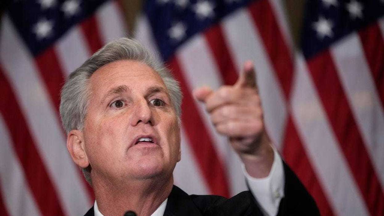 House Minority Leader Kevin McCarthy (R-CA) speaks about the American military withdrawal in Afghanistan, during a meeting with House Republicans, including those who served in the military, on August 30, 2021 in Washington, DC.