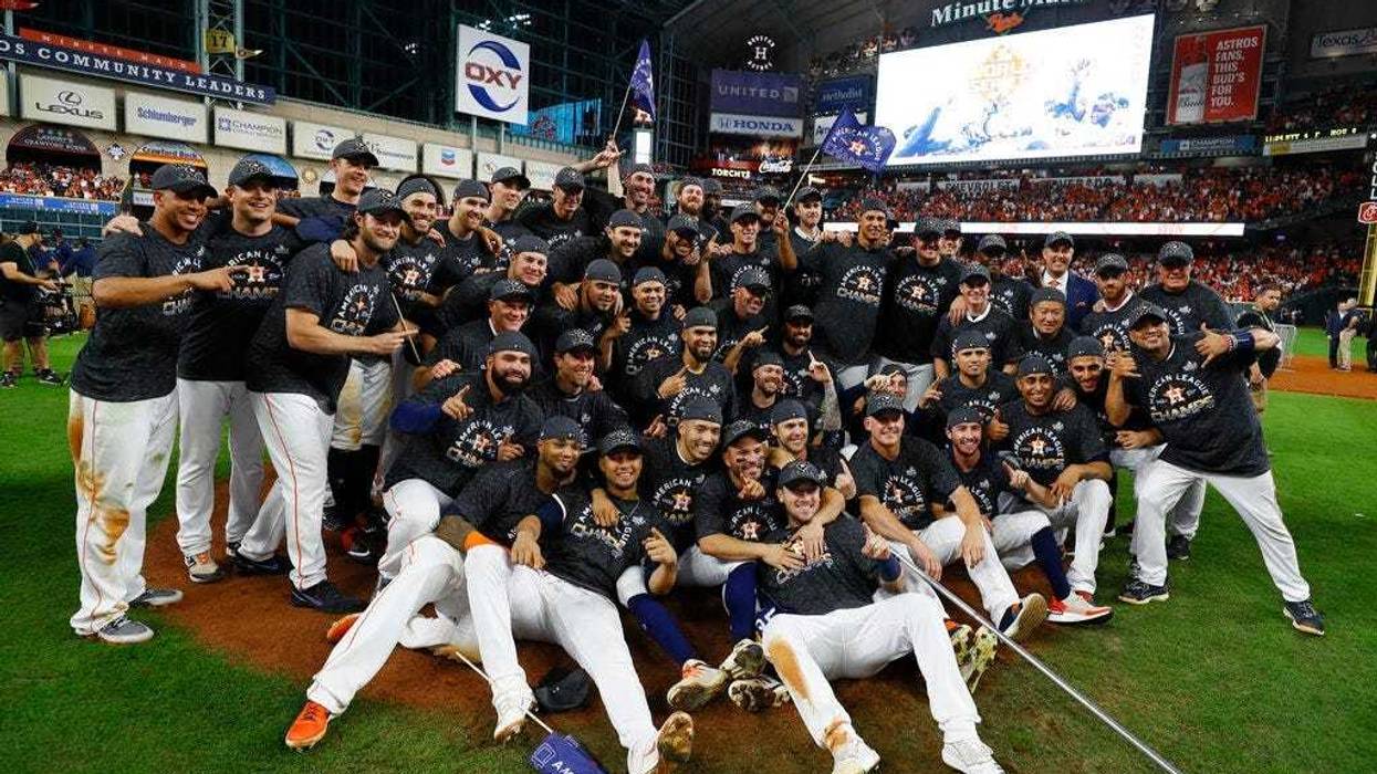 Houston Astros pose after winning Game 6 of baseball's American League Championship Series against the New York Yankees Saturday, Oct. 19, 2019, in Houston. The Astros won 6-4 to win the series 4-2.