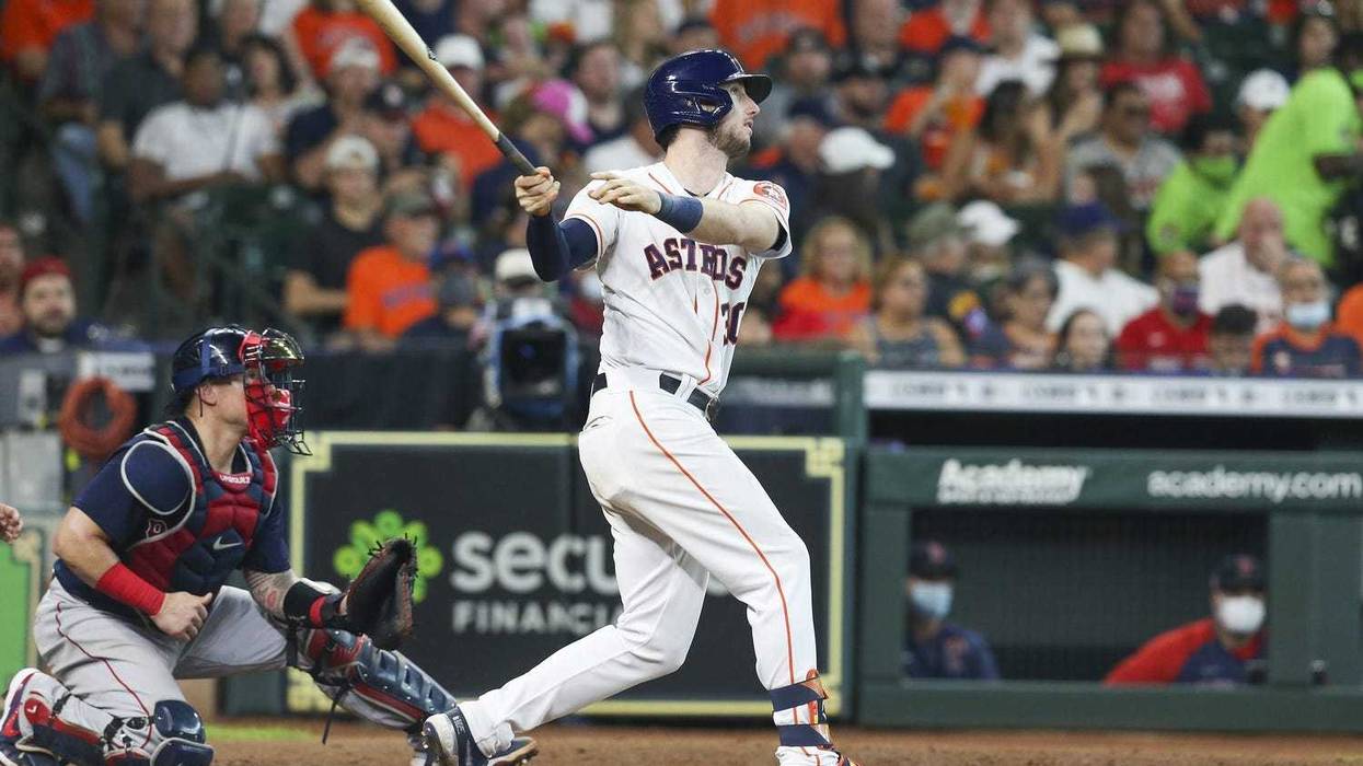 Houston Astros right fielder Kyle Tucker (30) with a base hit against the Boston Red Sox in the sixth inning at Minute Maid Park.