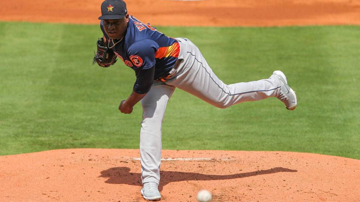 Houston Astros starting pitcher Framber Valdez (59) delivers a pitch against the New York Mets in the first inning at Clover Park.