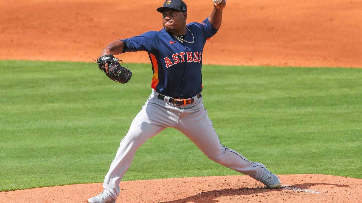 Houston Astros starting pitcher Framber Valdez (59) delivers a pitch against the New York Mets in the first inning at Clover Park.