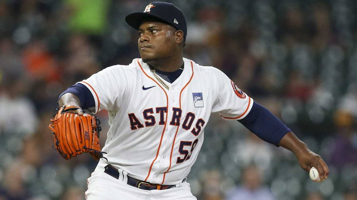 Houston Astros starting pitcher Framber Valdez (59) pitches against the Boston Red Sox in the first inning at Minute Maid Park.