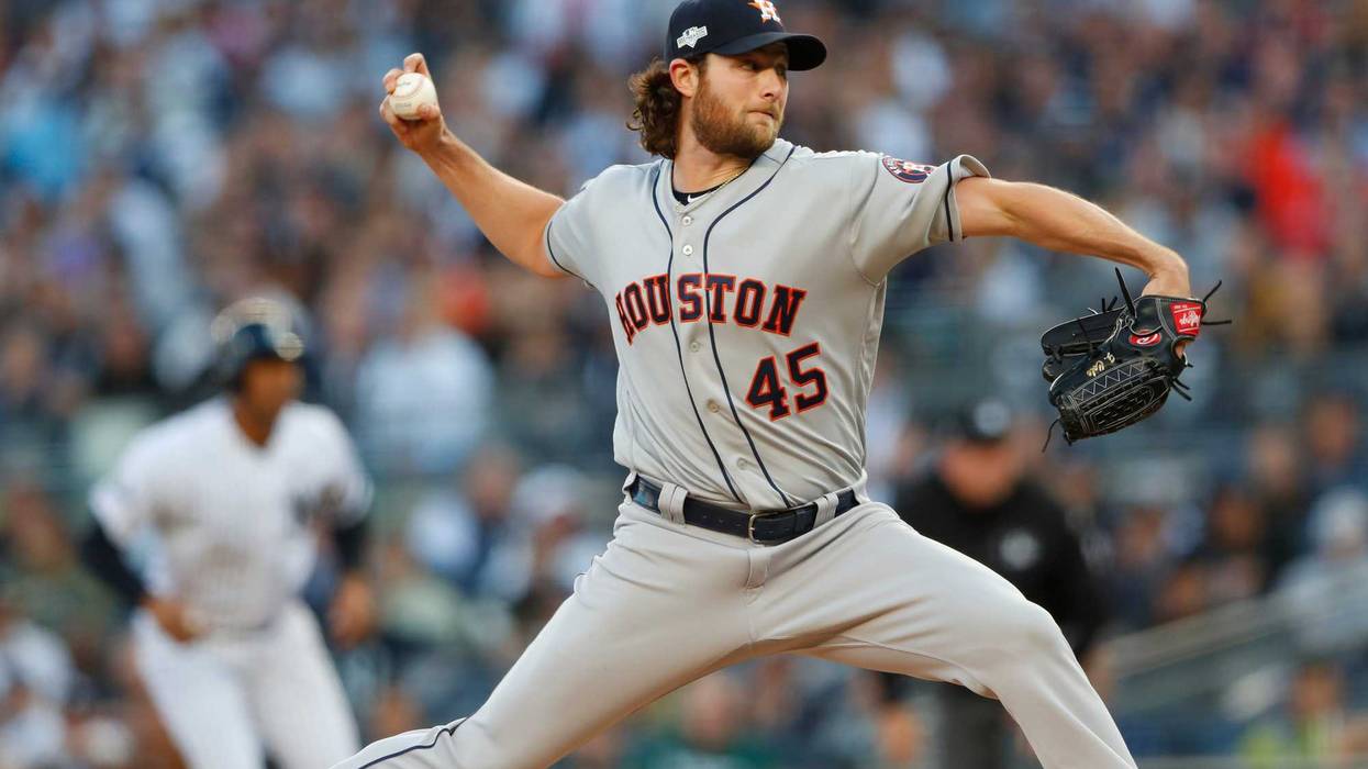 Houston Astros starting pitcher Gerrit Cole (45) throws against the New York Yankees during the second inning of game three of the 2019 ALCS playoff baseball series at Yankee Stadium.