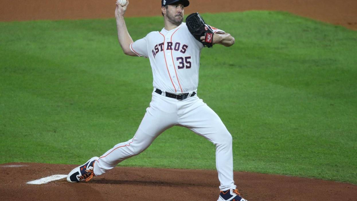 Houston Astros starting pitcher Justin Verlander (35) throws a pitch against the Washington Nationals in game six of the 2019 World Series at Minute Maid Park.