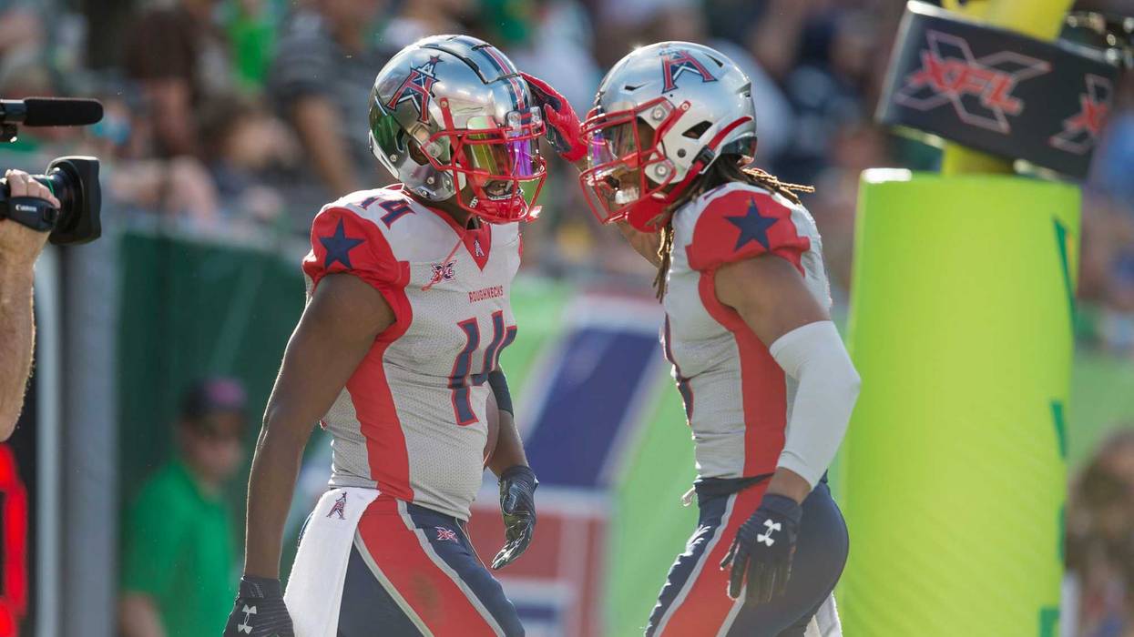 Houston Roughnecks wide receiver Cam Phillips (14) celebrates with wide receiver Sam Mobley (3) after scoring a touchdown during the second half at Raymond James Stadium