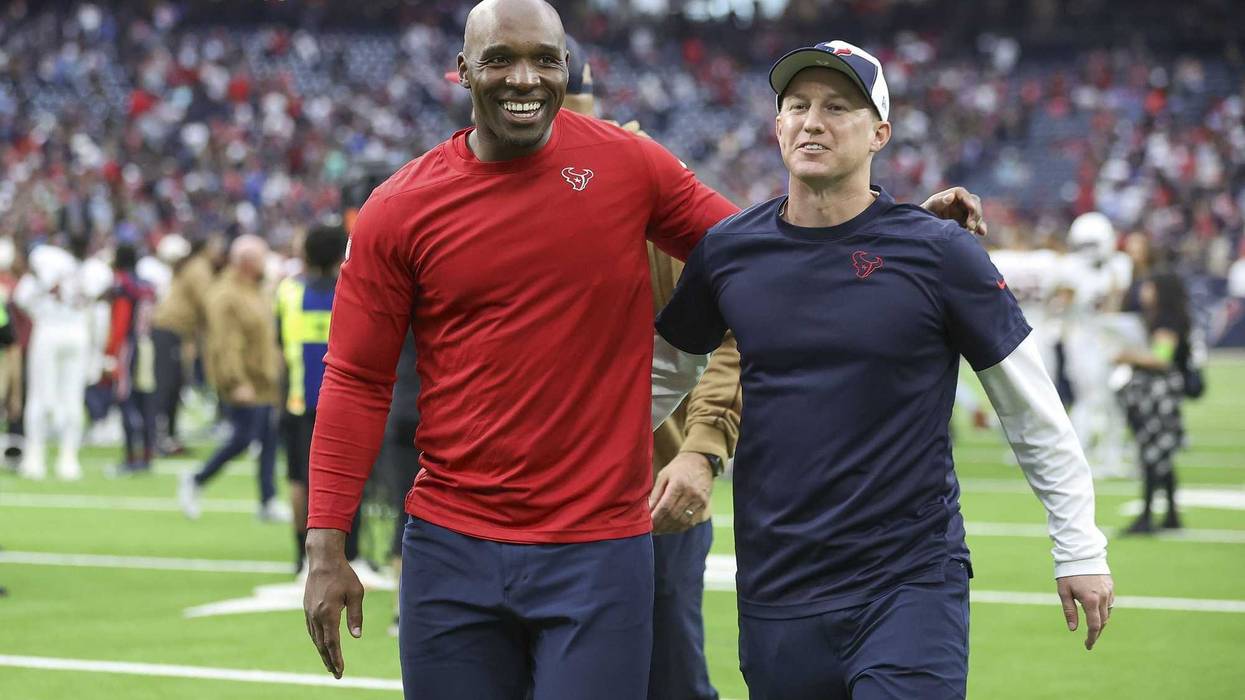 Houston Texans head coach DeMeco Ryans (left) and offensive coordinator Bobby Slowik walk off the field after a game.