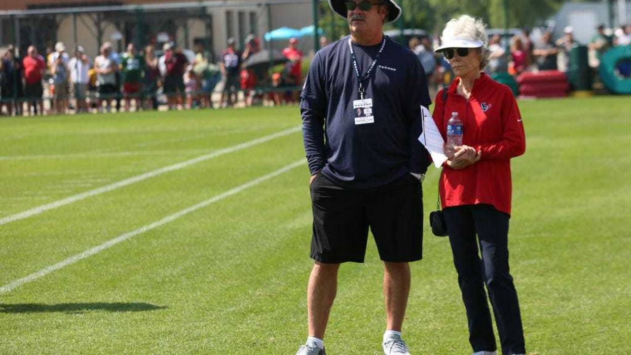 Houston Texans owner Janice McNair and her son D. Cal McNair overlook practice during a joint practice of the Green Bay Packers and the Houston Texans at Ray Nitschke Field on August 5, 2019 in Ashwaubenon, WI.