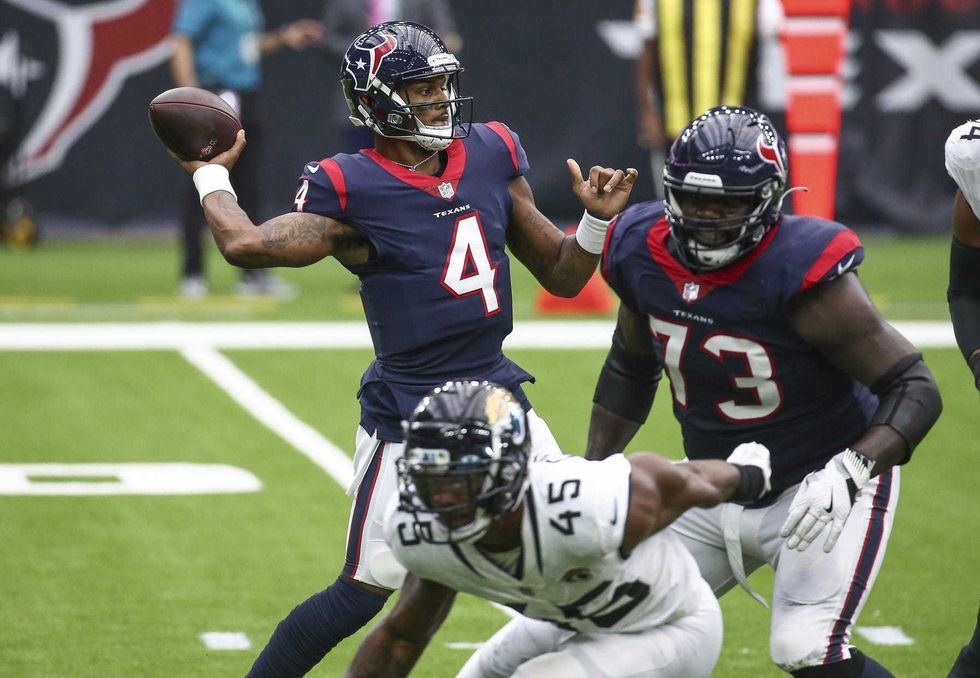 Houston Texans quarterback Deshaun Watson (4) attempts a pass during the first quarter against the Jacksonville Jaguars at NRG Stadium.