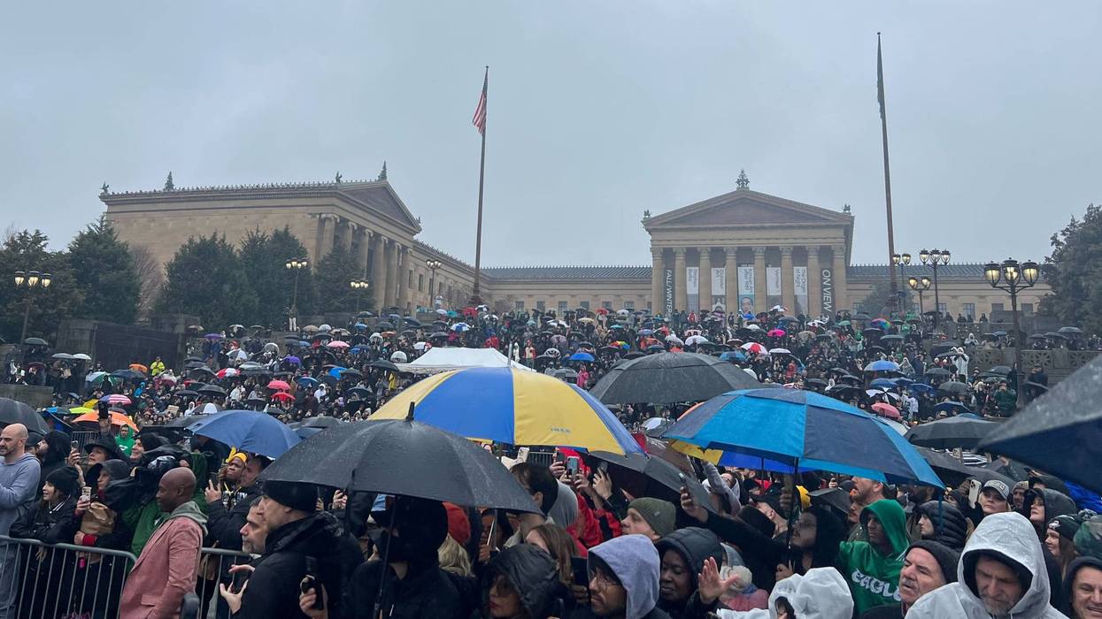 Hundreds crowded the Philadelphia Museum of Art front steps to celebrate the city's first Rocky Day with the man himself, Sylvester Stallone.