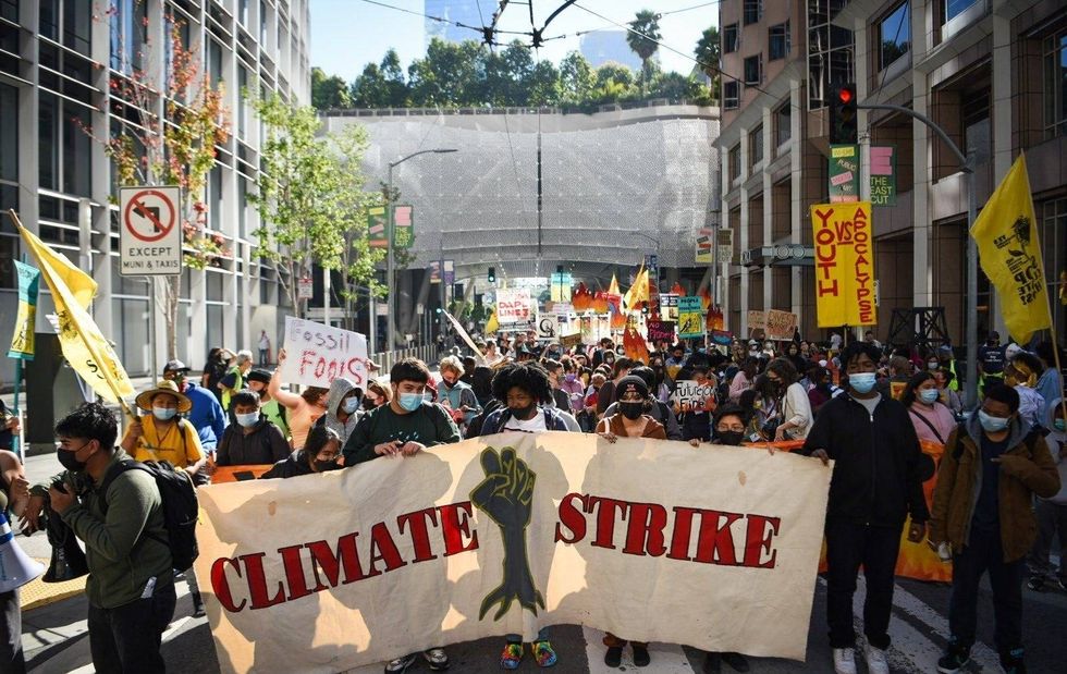 Hundreds of climate change protesters pictured on Friday in San Francisco.