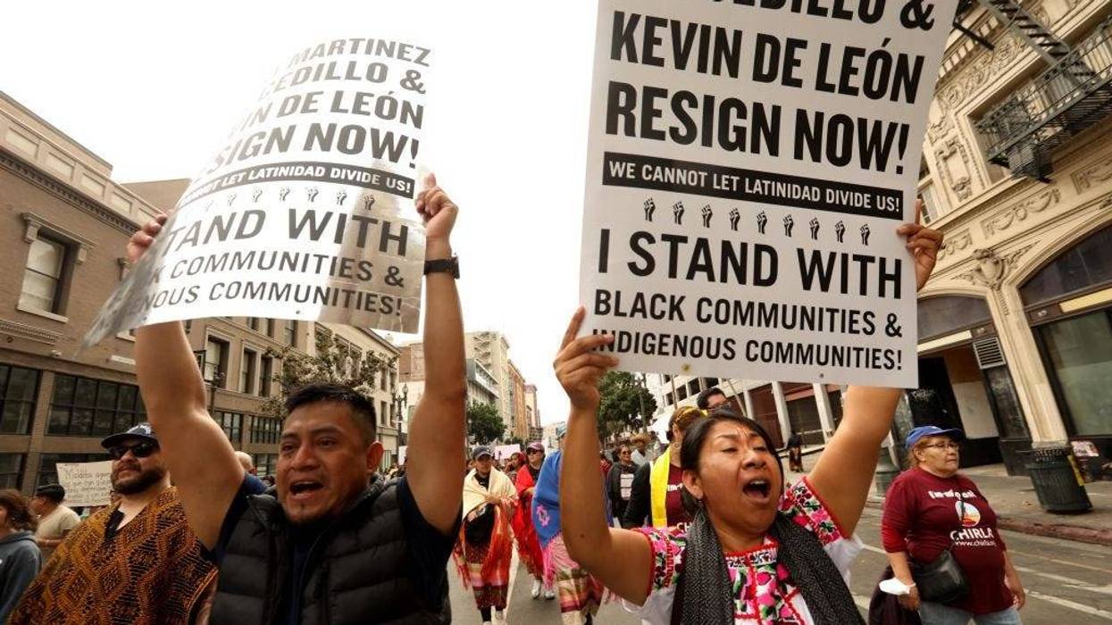 Hundreds of members of the Oaxacan community, along with prominent leaders from indigenous communities across California, participate in a March for Justice through the streets of downtown Los Angeles towards City Hall on October 15, 2022.