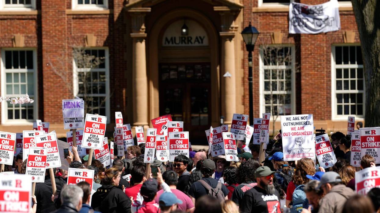 Hundreds rallied for a new contract on the campus of Rutgers University in New Brunswick on April 10, 2023.