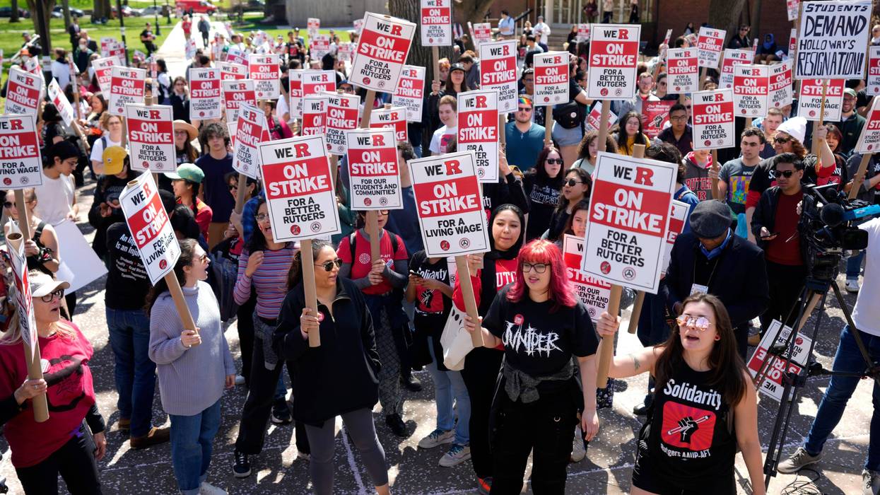 Hundreds rallied on the campus of Rutgers University in New Brunswick for a contract, April 10, 2023.