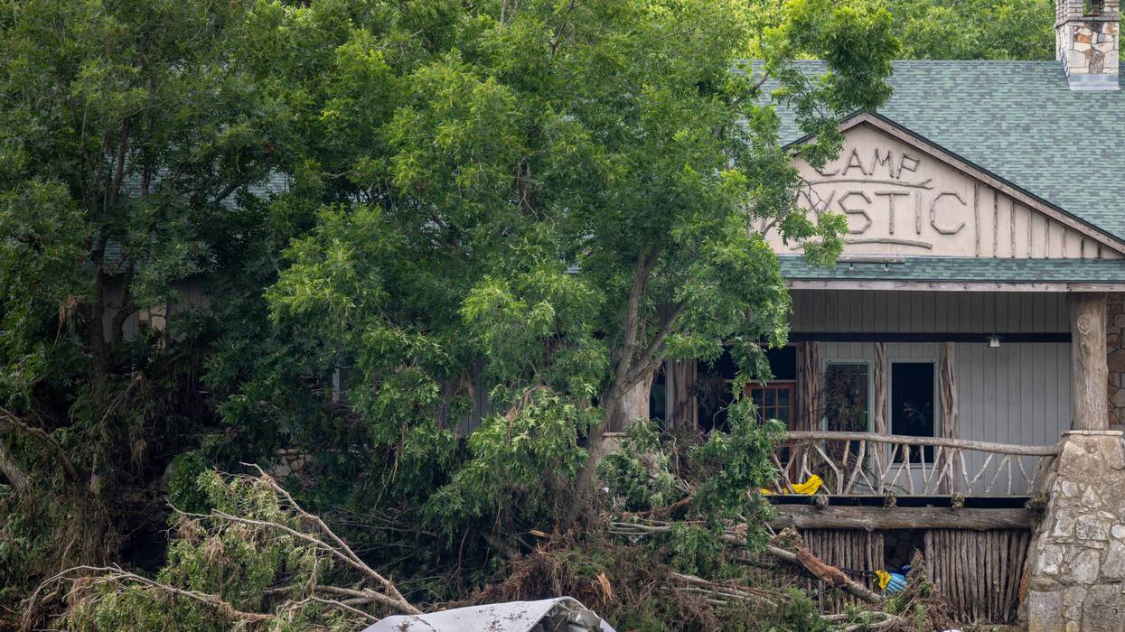 HUNT, TEXAS - JULY 07: Debris is piled up at the entrance to Camp Mystic on July 07, 2025 in Hunt, Texas. Heavy rainfall caused severe flash flooding along the Guadalupe River in central Texas, leaving more than 80 people reported dead, including children attending the camp. (Photo by Brandon Bell/Getty Images)