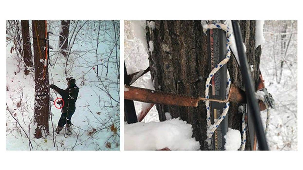 Hunter cutting tree stand, left, and damaged tree stand