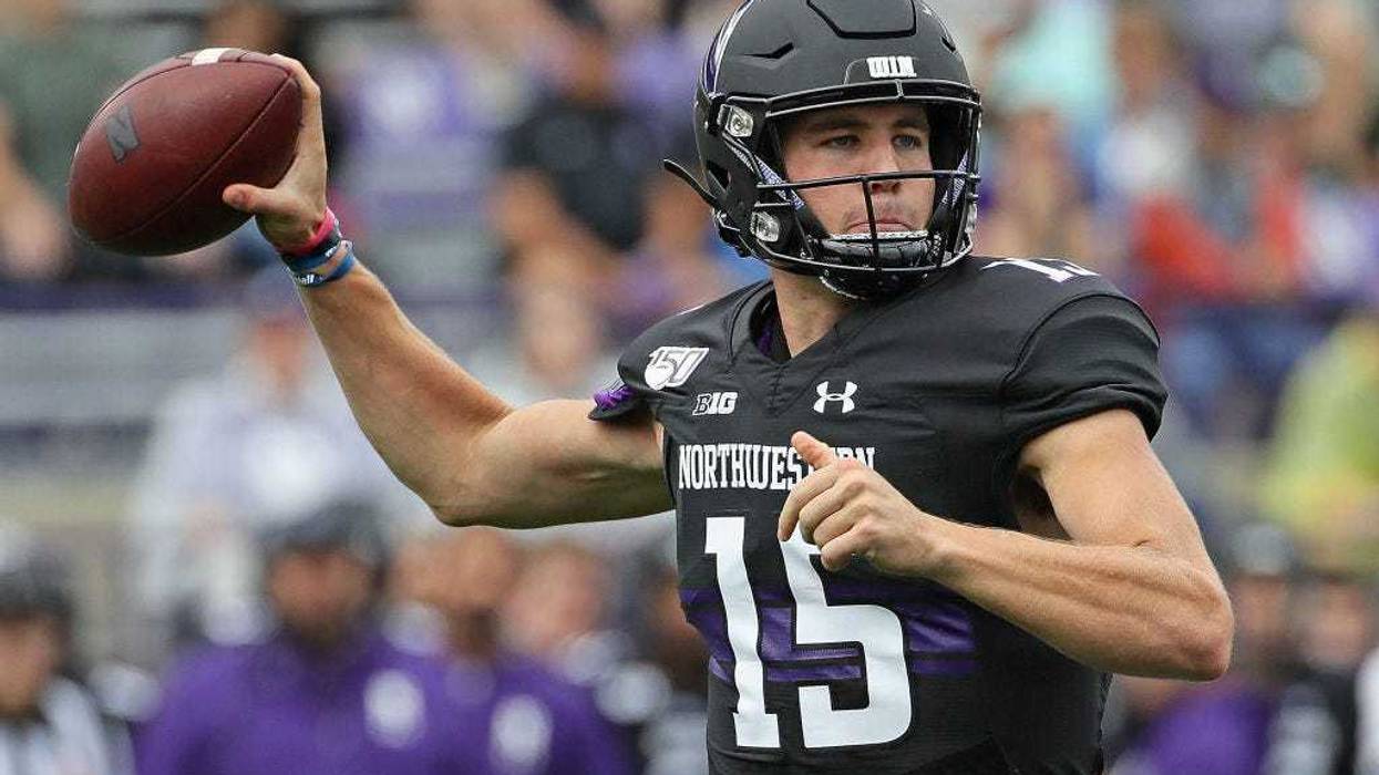 Hunter Johnson #15 of the Northwestern Wildcats passes against the Michigan State Spartans at Ryan Field on September 21, 2019 in Evanston, Illinois.