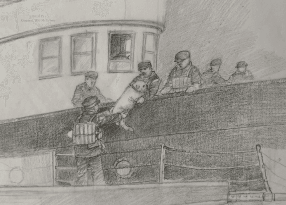 Huronton Dog being rescued – Artwork by Bob McGreevy