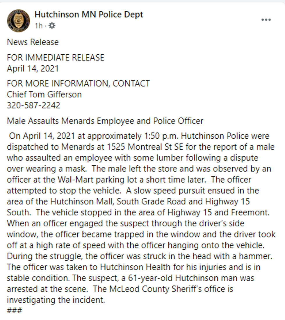 Hutchinson Police Facebook post regarding an officer being injured