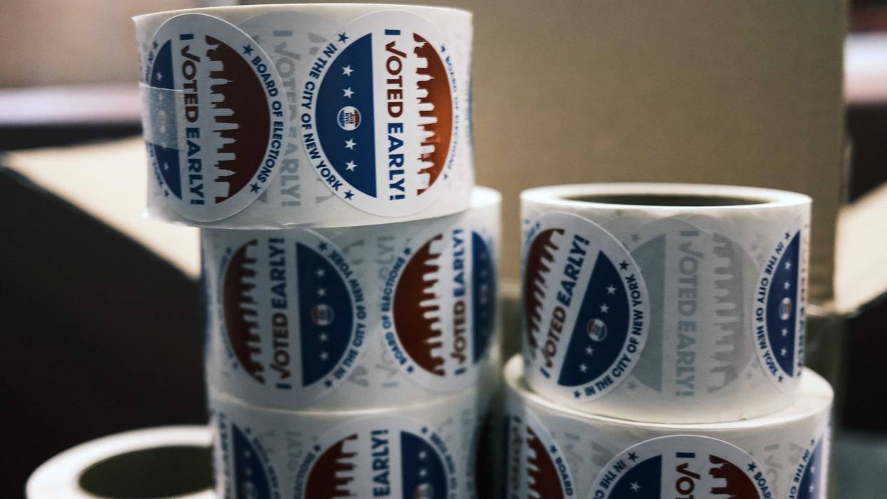 'I voted early' stickers sit on a table at the Brooklyn Armory during early voting on October 28, 2020 in New York City.