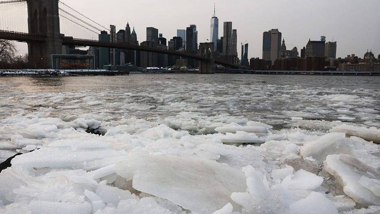 Ice builds up in the East River along the Brooklyn shoreline as NYC experiences frigid temperatures following a winter storm over the weekend on Jan. 27, 2026.