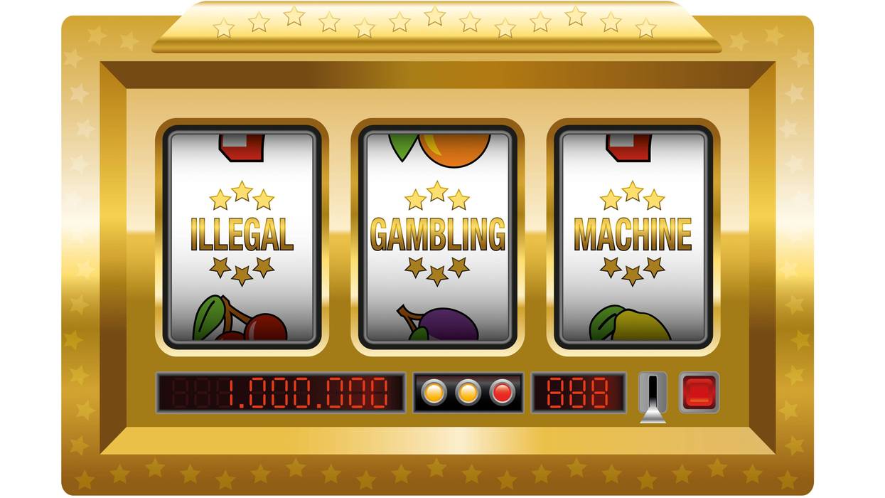 Illegal gambling machines - golden slot machine with three reels lettering ILLEGAL GAMBLING MACHINE. Isolated vector illustration on white background