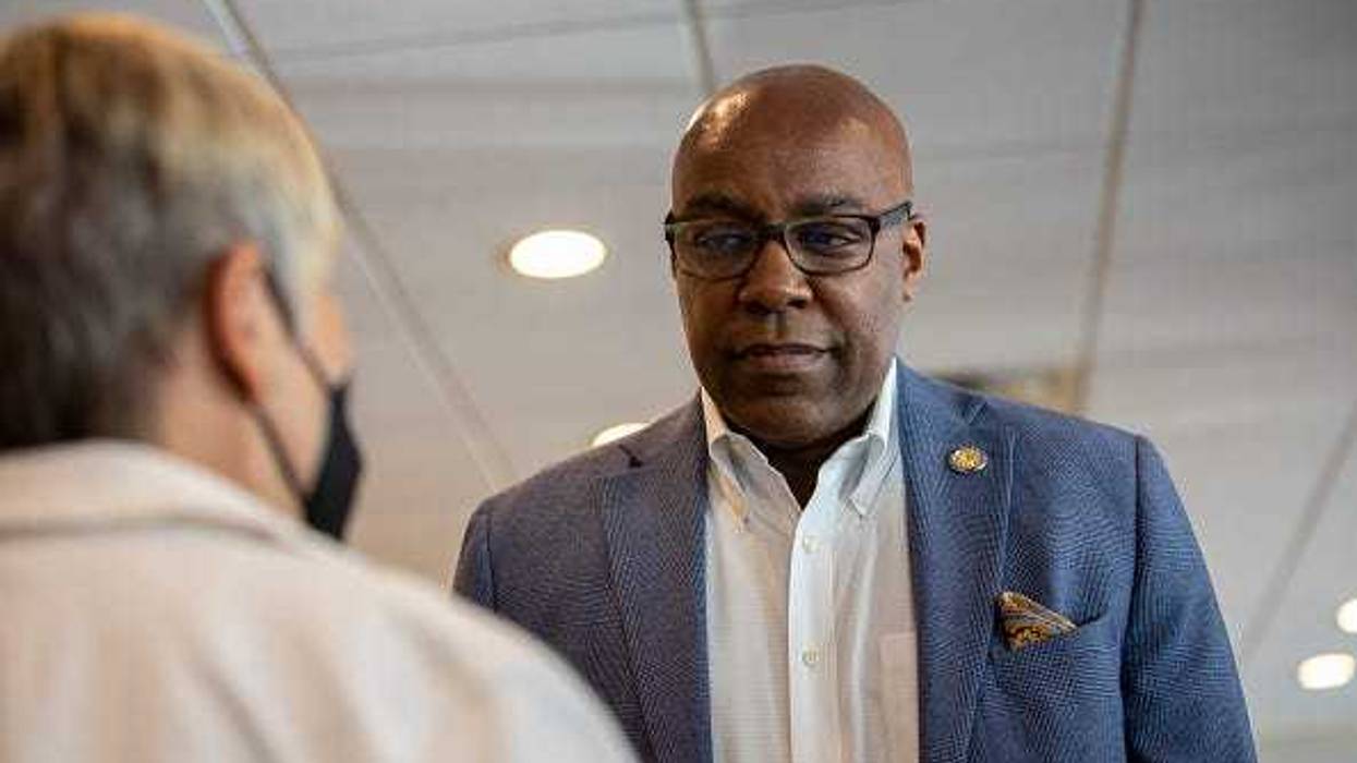 Illinois Attorney General Kwame Raoul greets supporters on Primary Day at Manny's Deli on June 28, 2022 in Chicago, Illinois. Voters will be deciding on candidates for governor, secretary of state, and several other key positions in state government. (Photo by Jim Vondruska/Getty Images)