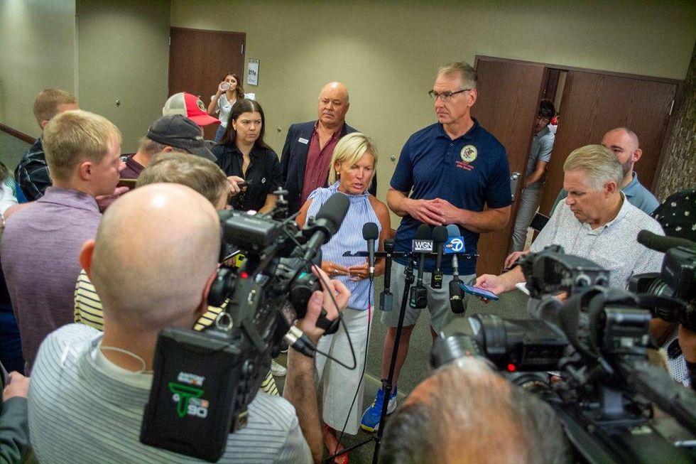 Illinois General Assembly minority leaders Tony McCombie and John Curran take questions from reporters in Springfield on Aug. 14, 2025.