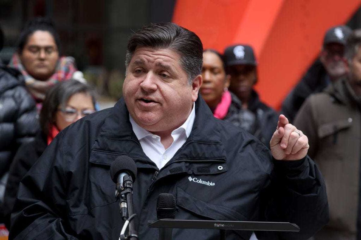 Illinois Gov. J.B. Pritzker speaks during a transgender support rally at Federal Building Plaza on April 27, 2022 in Chicago, Illinois. Pritzker, a Democrat, is up for reelection in November. (Photo by Scott Olson/Getty Images)