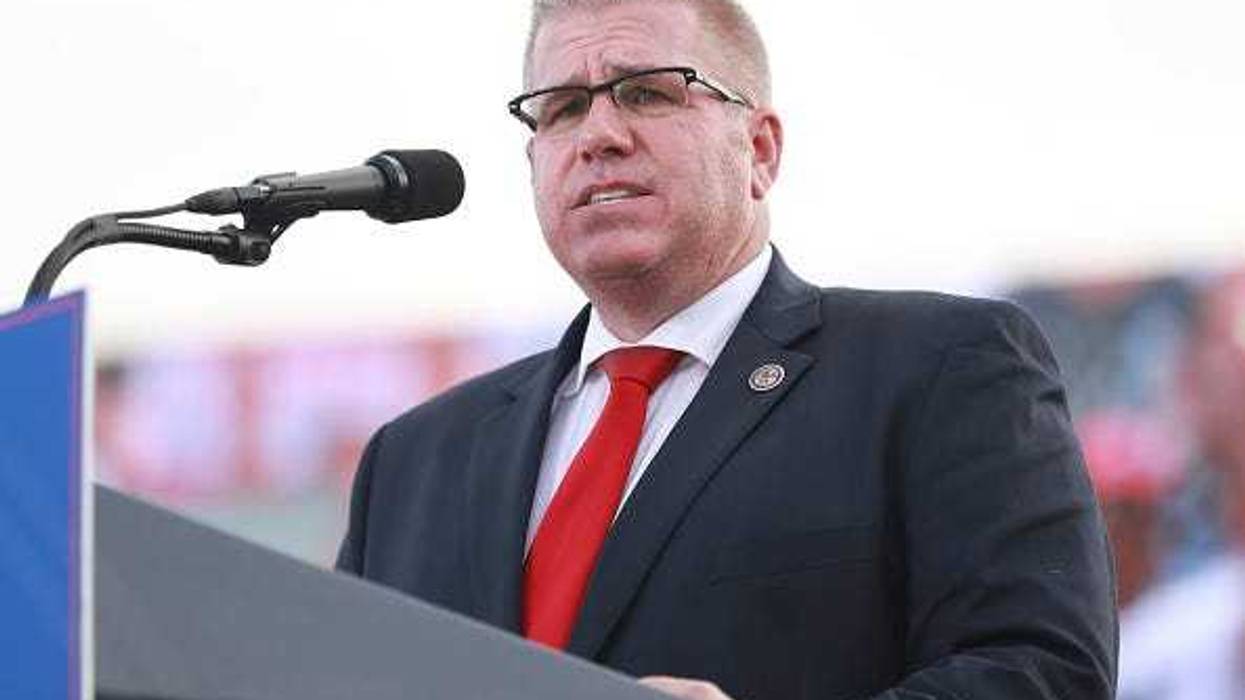 Illinois Gubernatorial hopeful Darren Bailey delivers remarks after receiving an endorsement from Donald Trump during a Save America Rally with former US President Donald Trump at the Adams County Fairgrounds on June 25, 2022 in Mendon, Illinois.