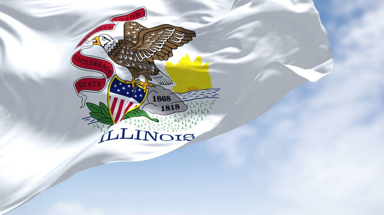 Illinois state seal on white flag flying in a breeze