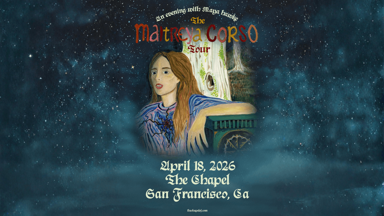 Illustrated tour poster for Maya Hawke's 'Maitreya Corso Tour' with tree, starry background, event details.