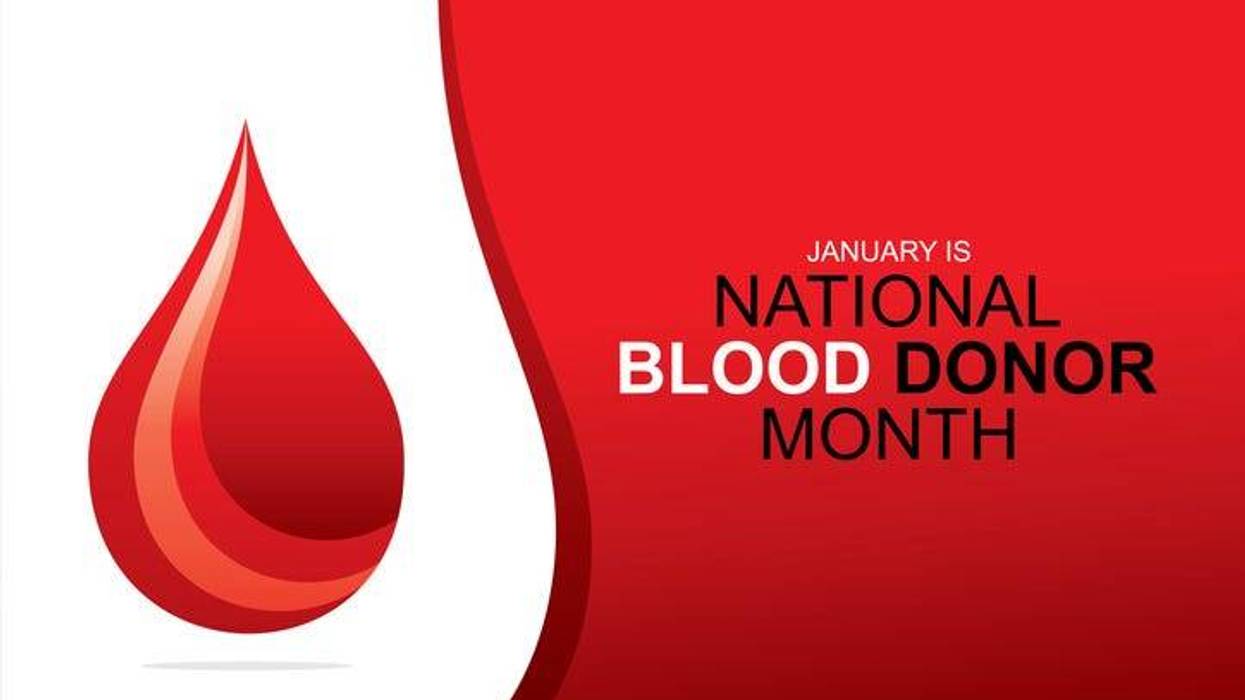 illustration of a red drop of blood against a white background with text that reads, January is National Blood Donor Month