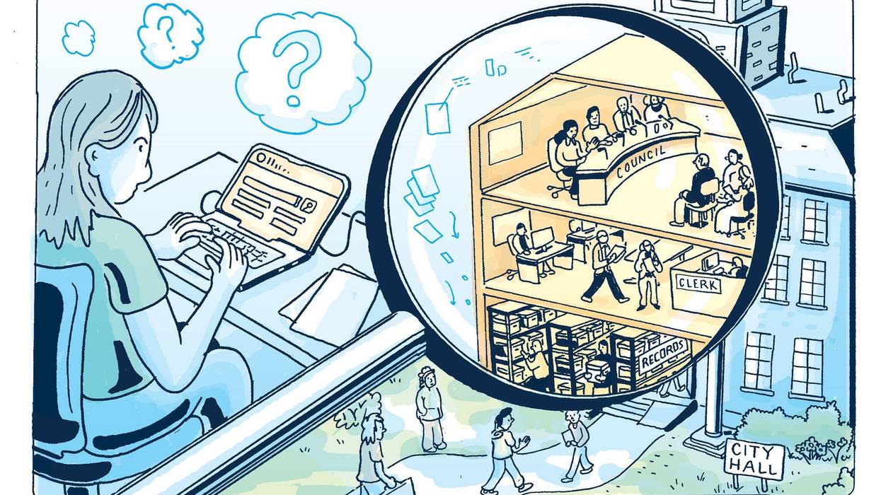 Illustration of a woman working at a computer next to a magnifying glass showing the various elements of local government work.