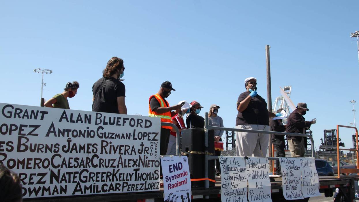 ILWU Local 10 members rally for workers' rights and an end to systematic racism at the Port of Oakland.