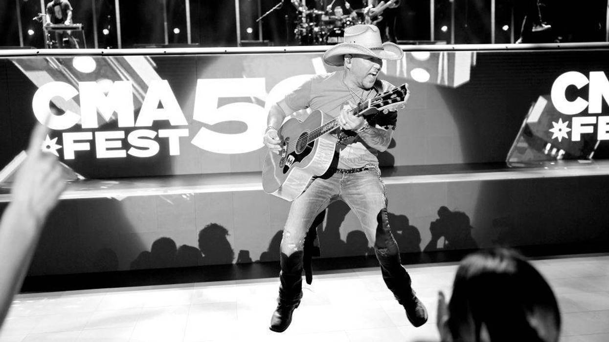 Image has been converted to black and white.) Jason Aldean performs on stage during day three of CMA Fest 2023 at Nissan Stadium on June 10, 2023 in Nashville, Tennessee. (Photo by Jason Kempin/Getty Images)